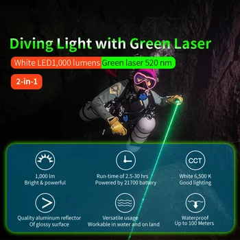 J2 1000lm Spot yeşil ışın dalış aydınlatma fenerleri dalış yeşil ışın torch Sualtı 100 m dalış koçluk komut lambası 2
