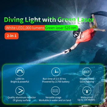 J2 1000lm Spot yeşil ışın dalış aydınlatma fenerleri dalış yeşil ışın torch Sualtı 100 m dalış koçluk komut lambası 5