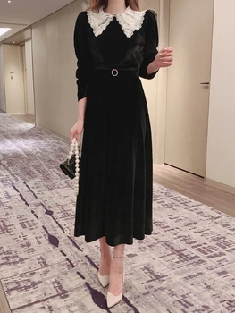 Sonbahar Bahar Yeni Zarif Kadife Vintage Siyah Elbise İle Kemer Kadın Akşam Parti Moda Lady Robe Giyim