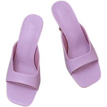 2022 Kadın Yaz 8.5 cm Slayt Katır Sandalet Bayan Terlik Tasarımcısı Peep Ayak İnce Topuklu Fetiş Balo Ayakkabı Mavi Mor Yüksek Topuklu 0