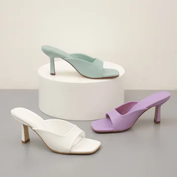 2022 Kadın Yaz 8.5 cm Slayt Katır Sandalet Bayan Terlik Tasarımcısı Peep Ayak İnce Topuklu Fetiş Balo Ayakkabı Mavi Mor Yüksek Topuklu 2