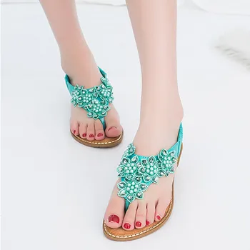 YAERNI Kadın Sandalet 2020 Yeni Moda Boncuk Çiçek Yuvarlak Ayak Flip-flop Sandalet Kadın Trend yaz ayakkabı Kadın Artı Boyutu 36-42 4