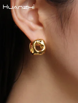 HUANZHI Altın Kaplama Küp Küpe Kadınlar için Kız İçi Boş Kare Kulak Toka Geometrik Tasarım Kişilik Retro moda takı