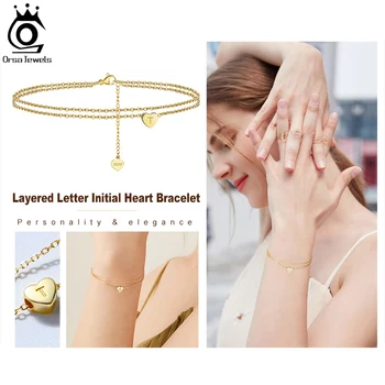 ORSA JEWELS 925 Ayar Gümüş Vintage Katmanlı Mektup İlk Kalp Bilezik Kadınlar Kızlar için 14K Altın moda takı APB01 2