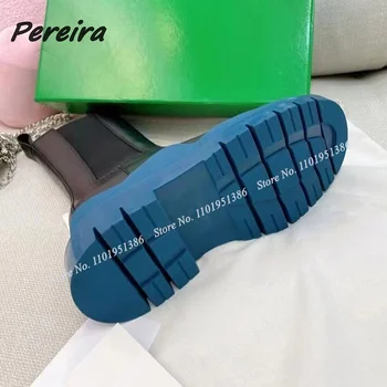 Pereira Mavi Patchwork Kalın Topuk Yuvarlak Ayak Çizmeler Yüksek Topuklu Ayakkabı Kadınlar için Orta Buzağı Slip on Moda Pist Yeni topuklu ayakkabı