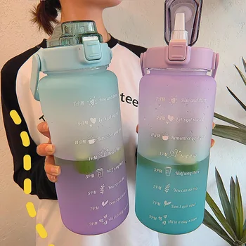 2L Büyük Kapasiteli Su Şişesi Saman Bardak Degrade Renk Plastik su bardakları Zaman İşaretleyici İle açık alan sporları spor şişesi