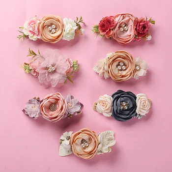 14 adet / grup Yenidoğan Rhinestone İnci çiçek Naylon bantlar naylon Bebek Vintage Çiçek kafa bandı çocuklar kız elastik Hairbands Şapkalar