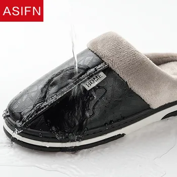 ASIFN erkek terlikleri Pamuk Kaymaz Kapalı ayakkabı Erkekler PU Deri Büyük Boy Ev Katır Su Geçirmez Sıcak Bellek Köpük Kış Ayakkabı