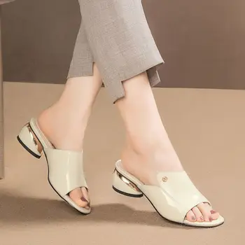 Kadın Açık Terlik Yeni Orta Topuk Tıknaz Topuk Ayakkabı Yumuşak Deri Sandalet Şık Peep Rahat Ayak Büyük Boy kadın ayakkabısı 1