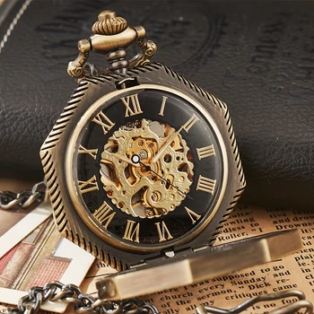 Mekanik cep saati Antika Steampunk İskelet Romen Rakamı Reloj Fob Zincir Kolye El sarma Erkekler Mechanisch zakhorloge 1