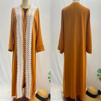 Müslüman Karamel Hırka Bayanlar Narin Abaya Hırka Uzun Ceket Düz Renk İşlemeli Dantel Orta Doğu Elbise Türk Kadın 0