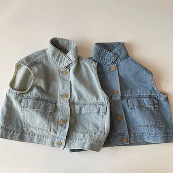 Çocuklar bahar sonbahar giysileri Erkek Yıkanmış pamuklu denim yelekler bebek kız vintage etiket kolsuz outerwears