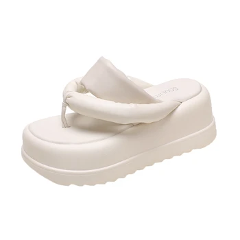 Yeni Yaz Deri Terlik kadın Dış Tıknaz Sandalet 2022 Moda 7.5 CM Takozlar platform ayakkabılar Kadın Flats Plaj Flip Flop 5