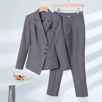 Kadın Gri Takım Elbise Yeni Moda Mizaç İş Resmi İnce Blazer Ve pantolon Ofis Bayanlar Yüksek Kaliteli İş Elbisesi
