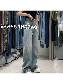 2022 Kadın Sonbahar Yüksek Bel Püskül Tasarım Retro Yıkama Degrade Kot Pantolon Gevşek Geniş Bacak Düz Jean Pantolon Streetwear Şık
