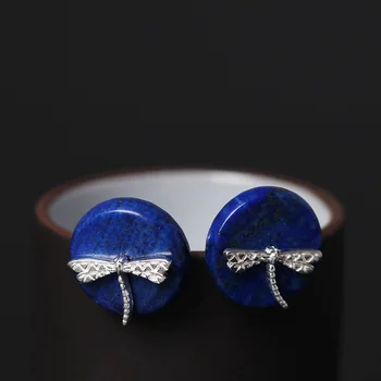 Yuvarlak Lapis Lazuli Yusufçuk Küpe 925 gümüş Saplama küpe Kadınlar İçin Etnik Tarzı Bayan Ayar-gümüş-takı 0
