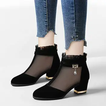 Comemore Sonbahar Örgü Çizmeler Sandalet Orta Topuklu dantel ayakkabı Kadın Taklidi 2021 İlkbahar Yaz Pompaları Mujer Siyah Güzel 2022