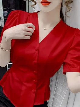 Kadın İlkbahar Yaz Tarzı Bluzlar Tops Bayan Moda Rahat Kısa Kollu V Yaka Düz Renk Bluz WY0236