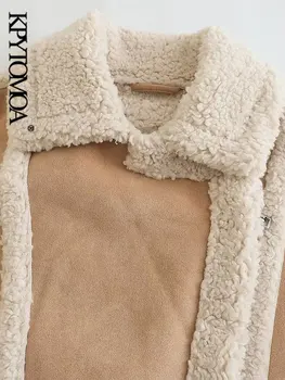KPYTOMOA Kadın Moda Kalın Sıcak Faux Shearlıng Ceket Ceket Vintage Uzun Kollu Ön Cepler Kadın Giyim Chic Tops