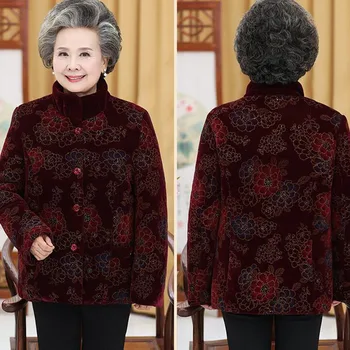 Yaşlı Büyükanne 60-70-80 Yaşında Sıcak Pamuk Ceket Parkas Kısa Baskı Kış Ceket Eklemek Kadife Kalınlaşmak kadın Palto Üst 5XL