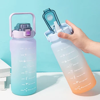 2 Litre Su Şişesi Saman İle Zaman İşaretleyici Büyük Kapasiteli Plastik Buzlu Su Bardağı Taşınabilir Açık Spor İçme Şişeleri 0