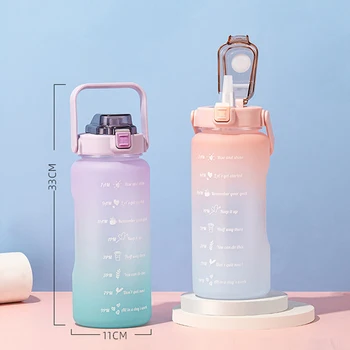 2 Litre Su Şişesi Saman İle Zaman İşaretleyici Büyük Kapasiteli Plastik Buzlu Su Bardağı Taşınabilir Açık Spor İçme Şişeleri 4