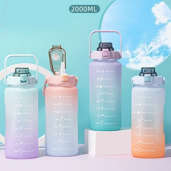 2 Litre Su Şişesi Saman İle Zaman İşaretleyici Büyük Kapasiteli Plastik Buzlu Su Bardağı Taşınabilir Açık Spor İçme Şişeleri 5