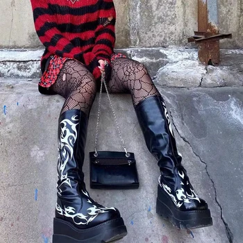 Kadın Platformu Çizmeler Siyah Gotik Tarzı Serin Punk Motosiklet Çizmeler Kadın Takozlar Topuklu Uyluk Yüksek Çizme Kadın Ayakkabı Büyük Boy 43 2