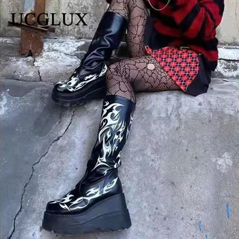 Kadın Platformu Çizmeler Siyah Gotik Tarzı Serin Punk Motosiklet Çizmeler Kadın Takozlar Topuklu Uyluk Yüksek Çizme Kadın Ayakkabı Büyük Boy 43 4