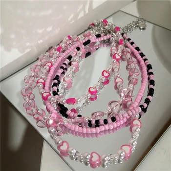 Harajuku Sevimli Goth Pembe Kalp İnci Boncuklu Collares Estetik Kolye Kadın Egirl Parti Y2K EMO Takı Aksesuar Hediye 0