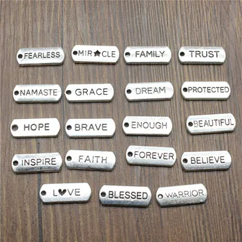 10 adet Kelime Etiketleri kolye uçları Antik Gümüş Renk Mübarek İnanç İnanıyorum Güven Aile Namaste Korkusuz Rüya Umut Takılar