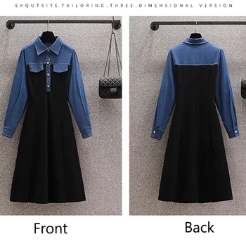 Gevşek Denim Patchwork Siyah Elbise Kadın için 2022 Sonbahar Artı Boyutu 4XL Bayan Vestido Elbise Uzun Kollu Kadın Elbise Elbise KE3010