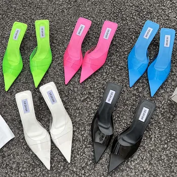 Şeffaf Bayanlar Sandalet Yaz Ayakkabı Üzerinde Kayma Sivri Burun Kadın Rahat Açık Slaytlar Terlik Yüksek Topuklu Kadın Ayakkabı Pompaları
