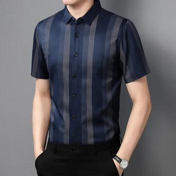 Yeni Lüks Elbise Gömlek Yaz Kısa kollu Casual Çizgili Gömlek Erkekler Kore Slim Fit Camisa Masculina Erkek Giyim C869
