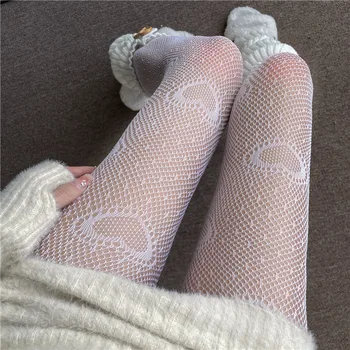 Seksi kadın Uzun Fishnet Vücut Çorapları Yaz Külotlu Naylon Tayt Çiçek Kalp Baskı Çorap Seksi Gotik Örgü Çorap