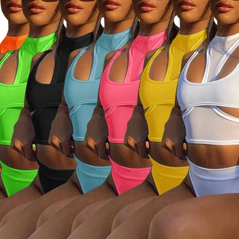 OMSJ Moda Rahat Sokak Stili Bodycon Eşleşen 2 Adet Set Kolsuz Hollow Out Spor Mini Yelek + Külot 2021 kadın Kıyafetleri 0