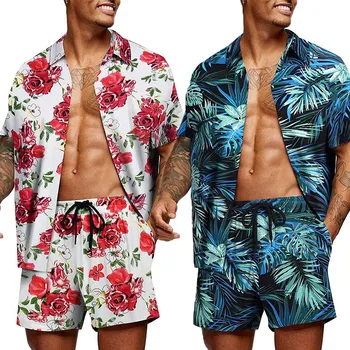 Hawaiian Moda Erkek Tropikal Baskı Kısa Kollu Üstleri Rahat Çiçek Gömlek Plaj Gömlek Takım Elbise 2022 Yeni Yaz Erkek Setleri 0