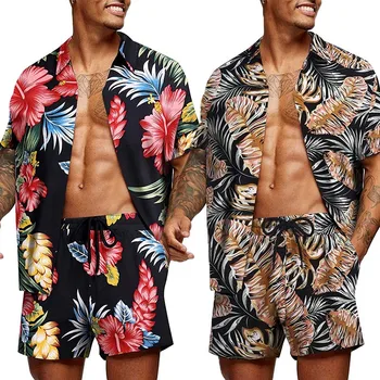 Hawaiian Moda Erkek Tropikal Baskı Kısa Kollu Üstleri Rahat Çiçek Gömlek Plaj Gömlek Takım Elbise 2022 Yeni Yaz Erkek Setleri 2