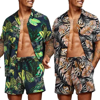 Hawaiian Moda Erkek Tropikal Baskı Kısa Kollu Üstleri Rahat Çiçek Gömlek Plaj Gömlek Takım Elbise 2022 Yeni Yaz Erkek Setleri 3