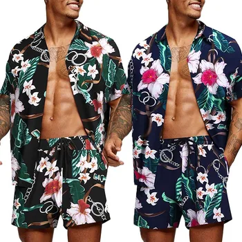 Hawaiian Moda Erkek Tropikal Baskı Kısa Kollu Üstleri Rahat Çiçek Gömlek Plaj Gömlek Takım Elbise 2022 Yeni Yaz Erkek Setleri 4