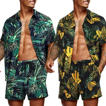 Hawaiian Moda Erkek Tropikal Baskı Kısa Kollu Üstleri Rahat Çiçek Gömlek Plaj Gömlek Takım Elbise 2022 Yeni Yaz Erkek Setleri 5