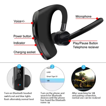 V8 spor Blutooth Kulaklık Kablosuz Stereo HD Mic Kulaklık Bluetooth Eller Araç Kiti İçin Mic İle iPhone Samsung Huawei Telefon 3