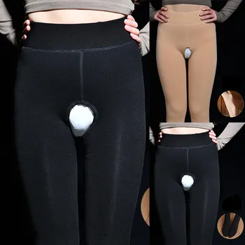 Kadın Termal pantolon Açık Kasık Kalınlaşmış Sıcak Pantolon Kaplı Termal Sıkı Artı Boyutu Tayt Hollow Out Katı Intimates
