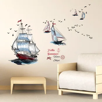 Modern yelkenli Gemi Martı Yaz Manzara Görünümü duvar Çıkartmaları Oturma Odası Bahçe Yatak Odası Su Geçirmez Çıkarılabilir Sanat Çıkartmaları Mural
