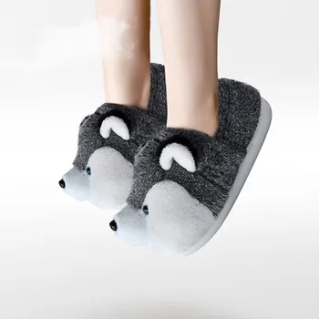 Komik Ev pamuk terlikler kadın Ev Ayakkabıları Kış Kapalı Anti Kayma Güzel Köpek Hayvan Terlik Sonbahar Sıcak peluş ayakkabı 1