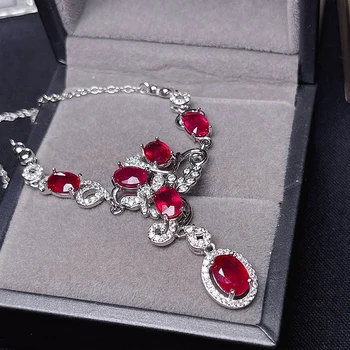 MeiBaPJ Lüks Doğal Yakut / Topaz / Garnet Moda Kolye Kolye Hakiki 925 Gümüş Kırmızı Taş Güzel düğün takısı Kadınlar için