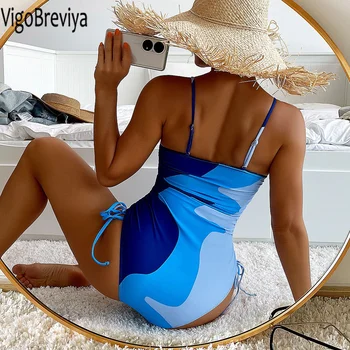 VigoBeviya 2022 Seksi Mavi Çemberli Mayo Kadınlar Yüksek Kesim Push Up Tek Parça Mayo Monokini Backless Yaz Mayo