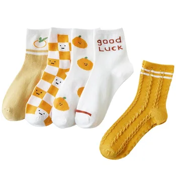 2021 Moda Stil İlkbahar Ve Sonbahar Yeni Çorap Kadın Sarı Bükülmüş Tüp Çorap Turuncu dama tahtası Çorap