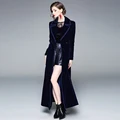 Yeni 2019 Kış Pist Tasarımcısı Kadın Vintage Çentikli Yaka Wrap Siyah Kadife Maxi Ceket Kalın Sıcak Uzun Trençkot Dış Giyim