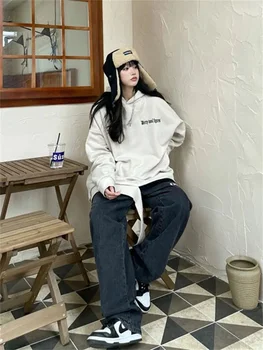 QWEEK Kore Moda Mavi Kot Kadın Grunge Hippi Baskı Baggy Siyah Denim Pantolon Boy Streetwear Hip Hop Düz Pantolon 0